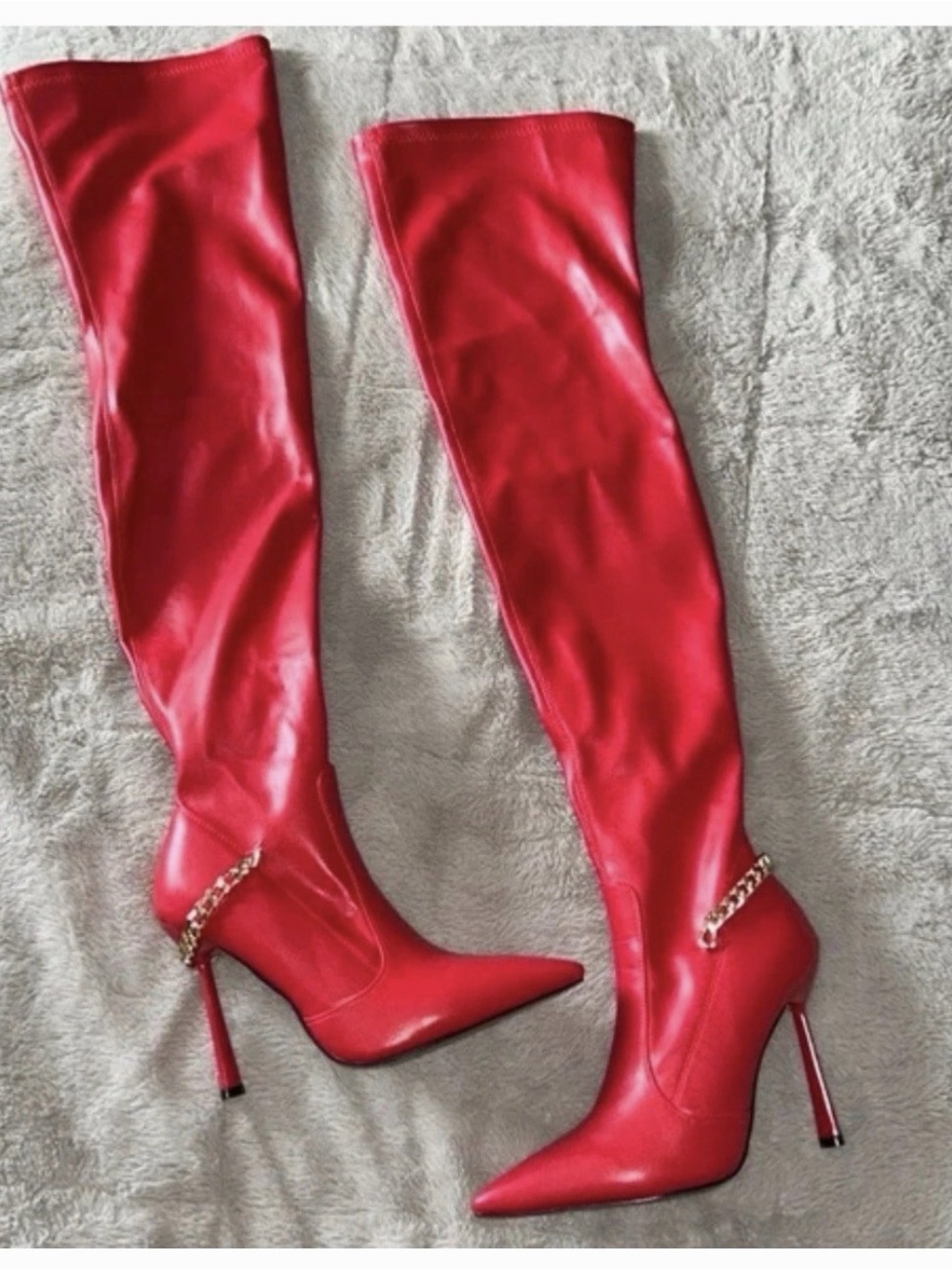 Red Over-the-Knee Stiletto Boots with Chain Detail